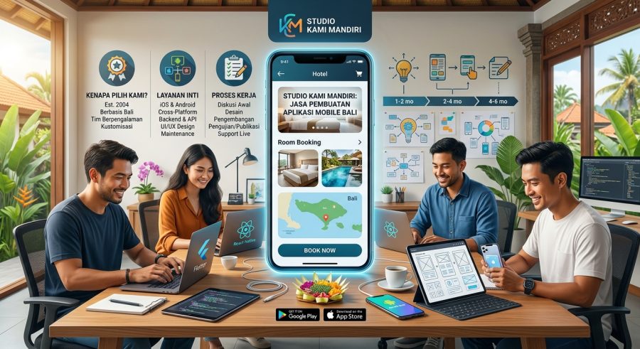 Tim pengembang aplikasi Studio Kami Mandiri sedang berdiskusi dan membuat aplikasi mobile berbasis iOS dan Android di Bali.