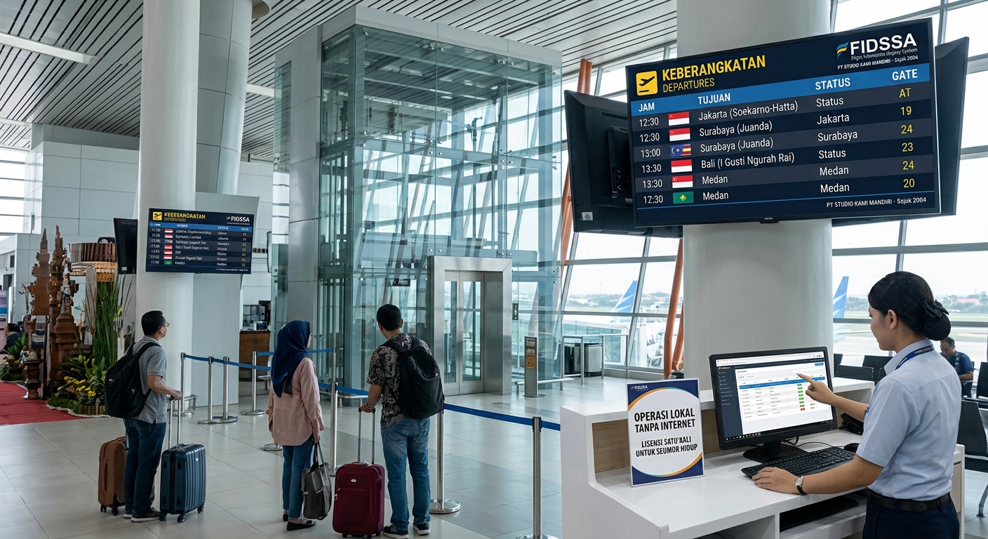 Suasana area keberangkatan bandara dengan antrean penumpang, petugas di meja pelayanan, dan layar papan informasi jadwal penerbangan.