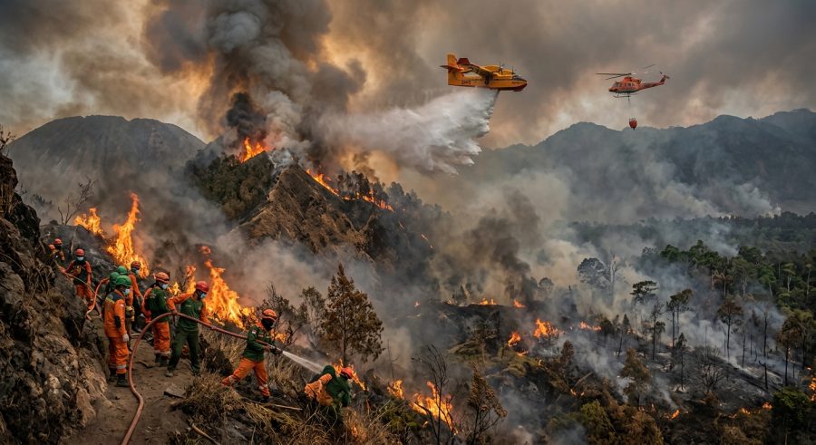 Tim pemadam kebakaran memadamkan kebakaran hutan di lereng gunung bersama pesawat pemadam dan helikopter.
