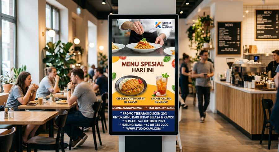 Papan Digital Signboard Studio Kami Mandiri di dalam restoran menampilkan menu spesial Chicken Katsu Curry dan Lychee Iced Tea beserta teks promosi diskon.