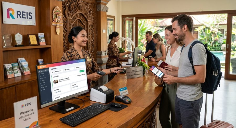 Resepsionis hotel Bali melayani wisatawan asing menggunakan sistem reservasi REIS dari PT Studio Kami Mandiri.