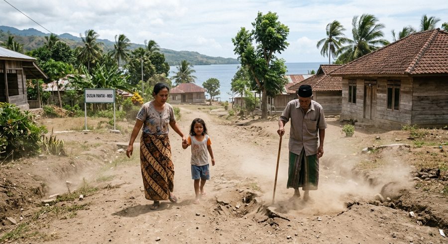 Seorang wanita, anak kecil, dan pria tua berjalan di jalan tanah berdebu Dusun Pantai MBO.