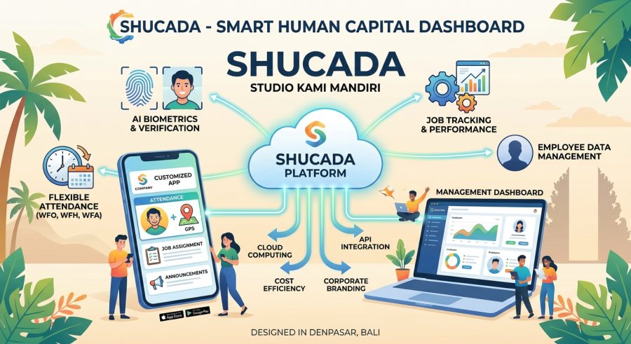 Infografis fitur platform SHUCADA Smart Human Capital Dashboard oleh Studio Kami Mandiri
