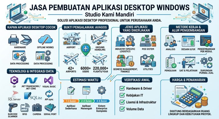 Alt Text: Infografis Jasa Pembuatan Aplikasi Desktop Windows dari Studio Kami Mandiri yang menampilkan kecocokan penggunaan, teknologi, jenis aplikasi, estimasi waktu, hingga alur pengembangan.