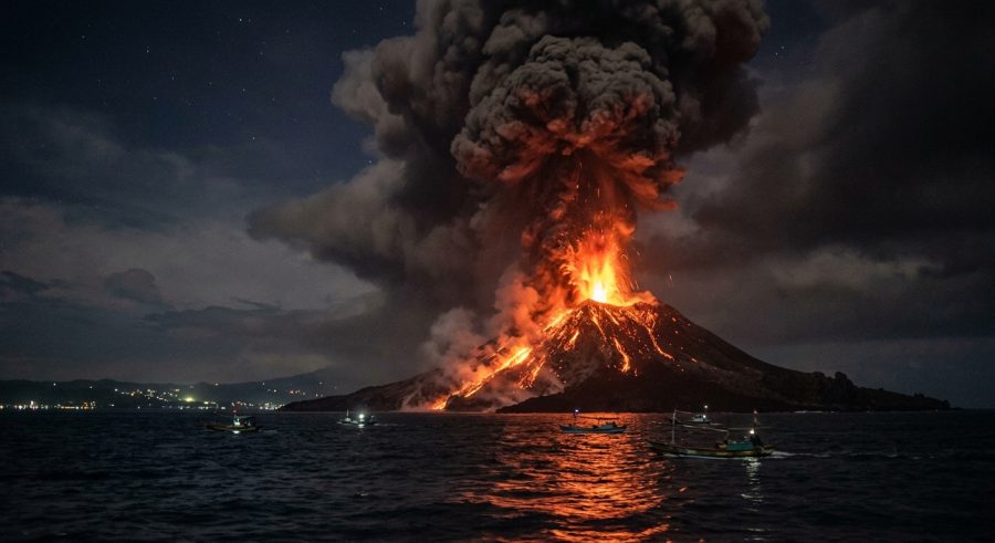 Letusan dan erupsi Gunung Anak Krakatau pada malam hari dengan lontaran lava pijar serta semburan abu vulkanik tebal ke udara di perairan Selat Sunda.