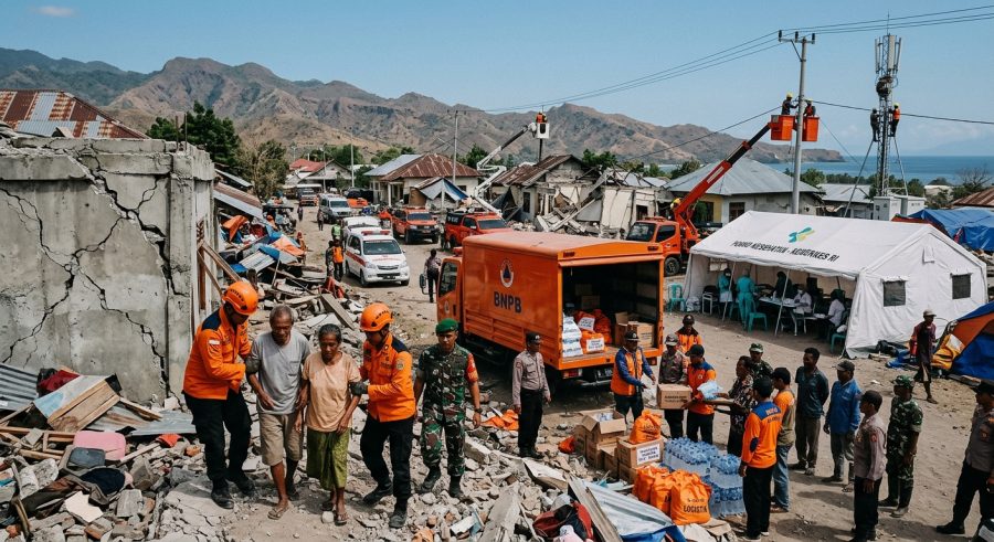 Petugas tim penyelamat memandu lansia di area terdampak bencana alam, dengan truk BNPB, posko kesehatan Kemenkes RI, serta perbaikan jaringan listrik di latar belakang.