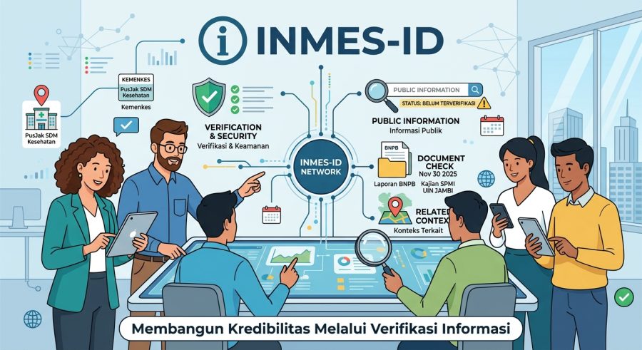 Ilustrasi tim profesional sedang melakukan verifikasi data dan informasi publik halaman INMES-ID