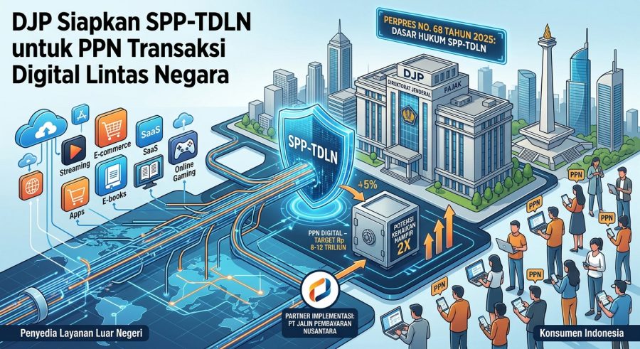 Ilustrasi infografis SPP-TDLN oleh DJP untuk pemungutan PPN transaksi digital dari penyedia layanan luar negeri ke konsumen Indonesia.