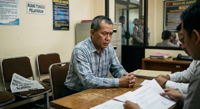 Seorang pria paruh baya mengenakan kemeja kotak-kotak biru duduk di depan meja kantor pelayan publik atau kepolisian, berhadapan dengan petugas yang memegang dokumen. Di latar belakang terdapat papan bertuliskan "RUANG TUNGGU PELAYANAN" dan "MAKHLUK HUKUM".