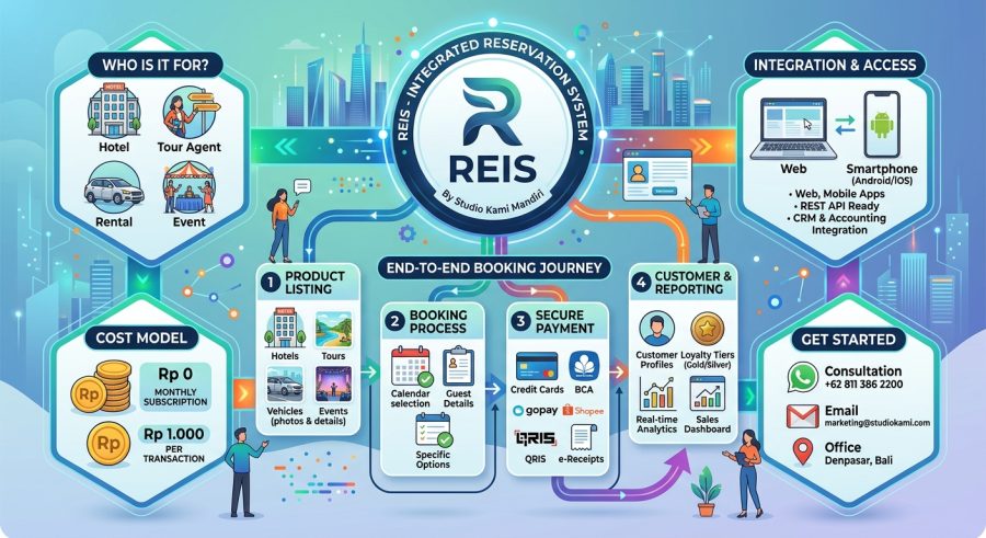 Infografis sistem reservasi terintegrasi REIS yang menampilkan alur pemesanan end-to-end, model biaya, dan integrasi platform.