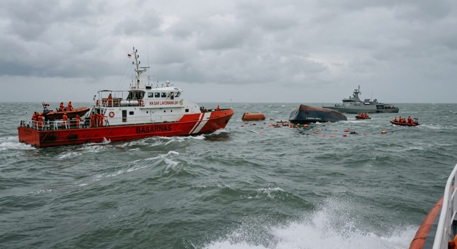 Kapal penyelamat Basarnas KN SAR Laksmana 241 dan tim SAR sedang melakukan operasi evakuasi kapal terbalik di tengah laut.