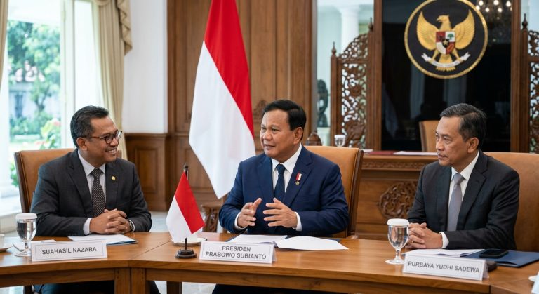 Presiden Prabowo Subianto berbincang dengan Suhasil Nazara dan Purbaya Yudhi Sadewa dalam sebuah pertemuan resmi.