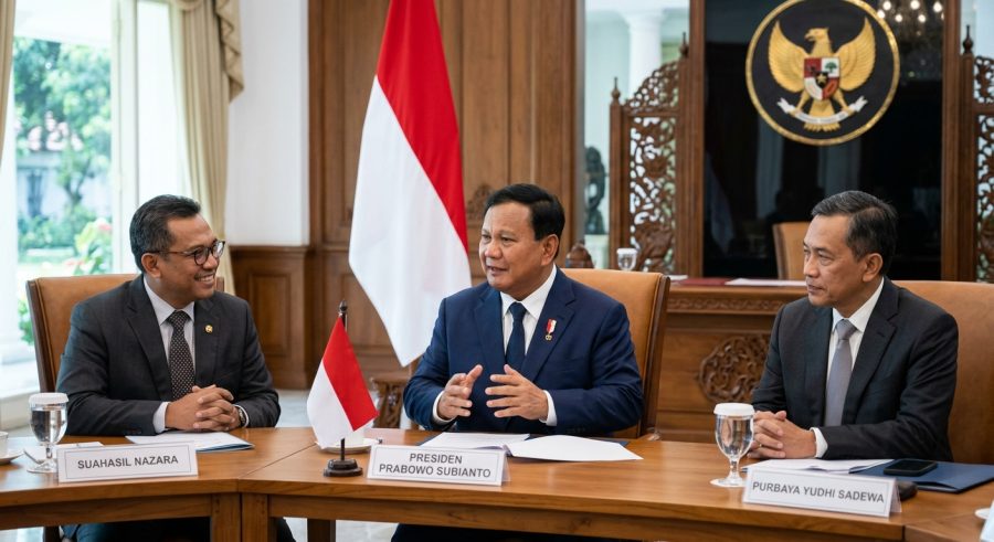 Presiden Prabowo Subianto berbincang dengan Suhasil Nazara dan Purbaya Yudhi Sadewa dalam sebuah pertemuan resmi.