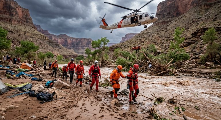 Tim SAR melakukan evakuasi korban banjir bandang di Grand Canyon menggunakan helikopter