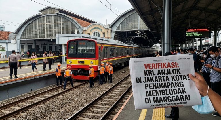 Suasana peron Stasiun Jakarta Kota dengan KRL, petugas teknis di rel, dan seseorang memegang koran bertuliskan Verifikasi KRL Anjlok di Jakarta Kota.