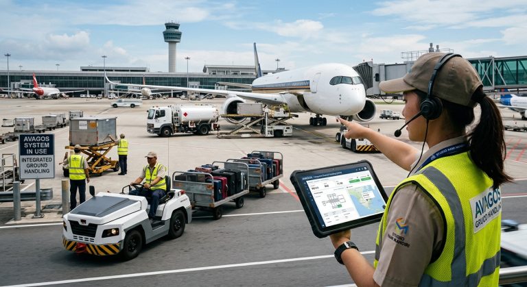 Petugas ground handling bandara menggunakan tablet sistem AVAGOS di area apron dengan latar belakang pesawat dan peralatan darat.