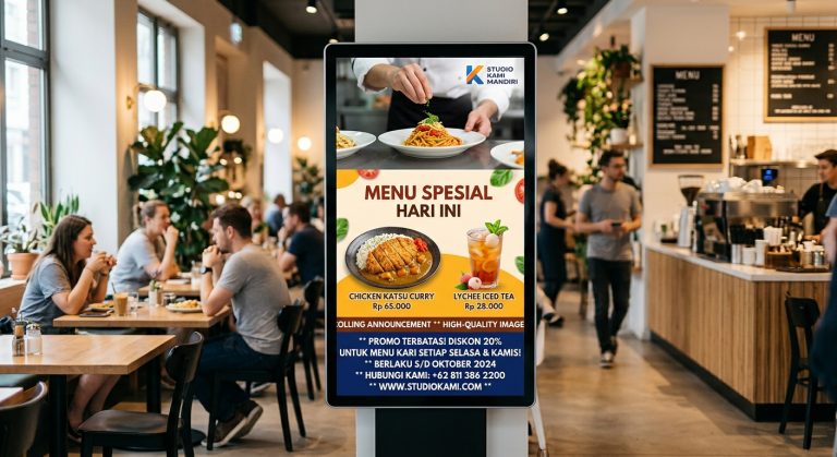 Papan Digital Signboard Studio Kami Mandiri di dalam restoran menampilkan menu spesial Chicken Katsu Curry dan Lychee Iced Tea beserta teks promosi diskon.