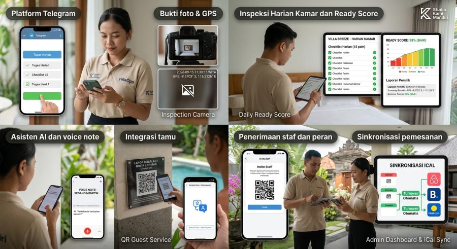 Platform operasional villa VillaOps berbasis Telegram dari PT Studio Kami Mandiri.