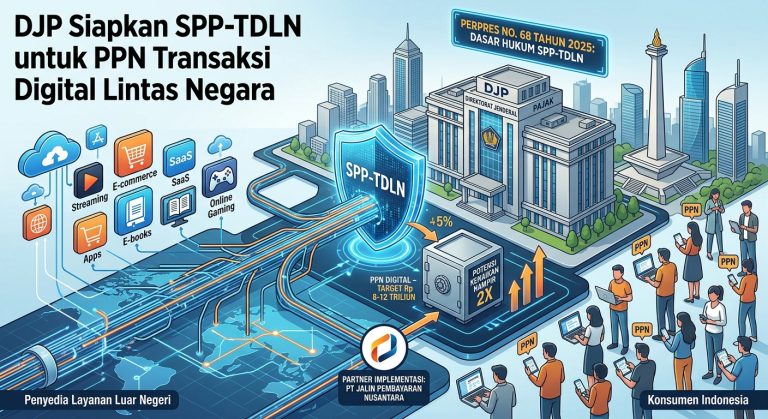 Ilustrasi infografis SPP-TDLN oleh DJP untuk pemungutan PPN transaksi digital dari penyedia layanan luar negeri ke konsumen Indonesia.