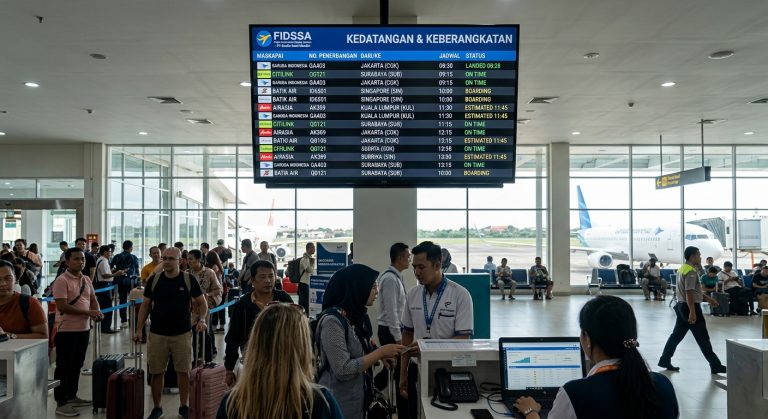 Suasana ruang tunggu keberangkatan di bandara dengan layar jadwal penerbangan besar dan pesawat di latar belakang.