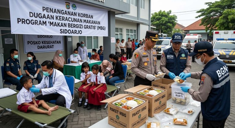 Ilustrasi penanganan medis siswa dan pemeriksaan sampel makanan kasus dugaan keracunan massal MBG di Sidoarjo oleh BGN dan kepolisian.